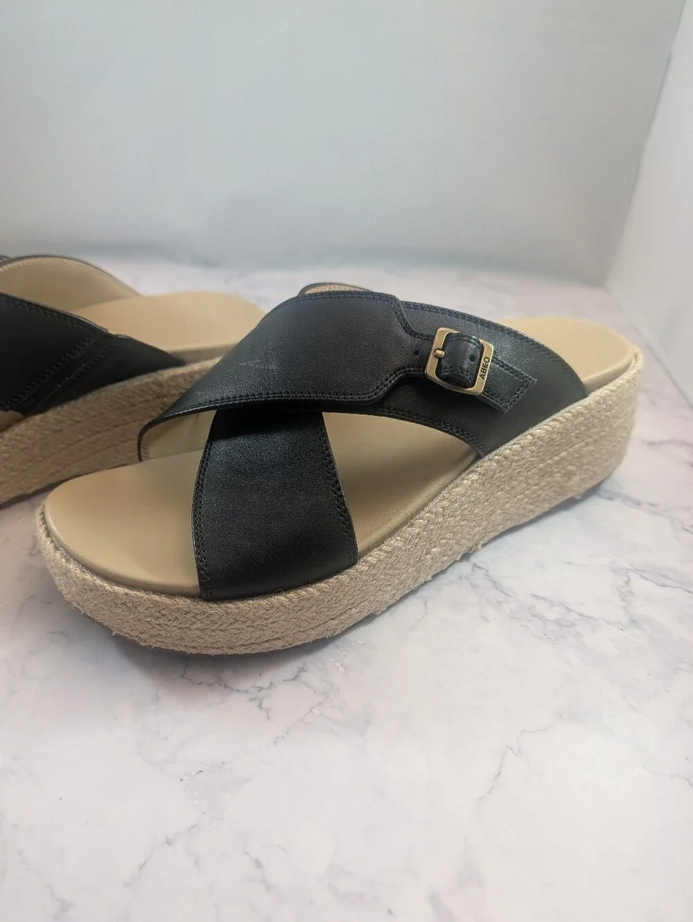 Abeo Solstice Cross Sandals Women 9.5 Black Leather Espadrille Wedge Slide New